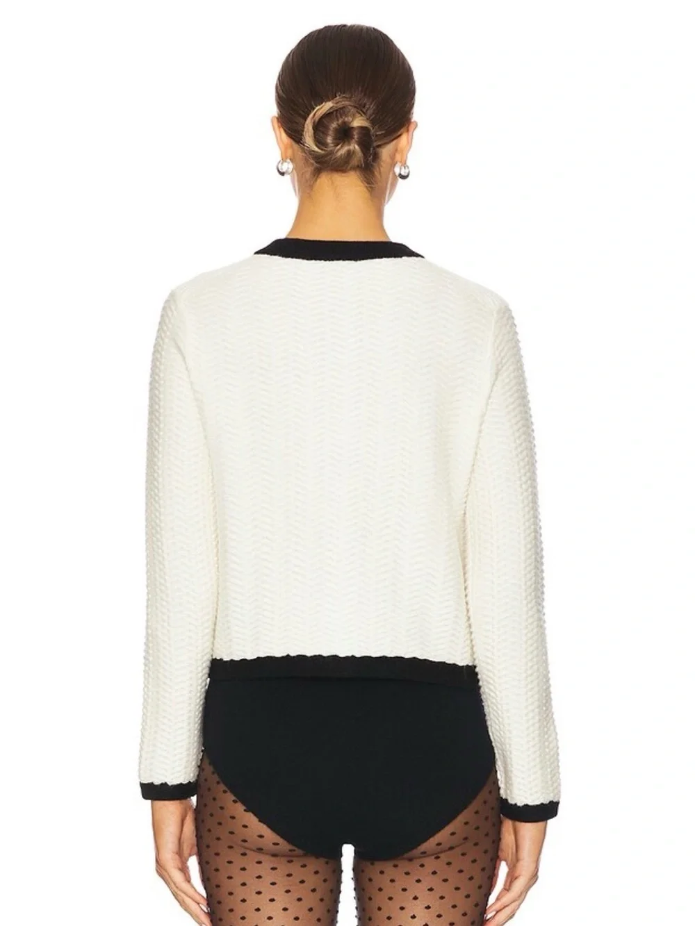 SIMKHAI cream Cropped Cardigan with Black Contrast Trim and gold bottoms size S